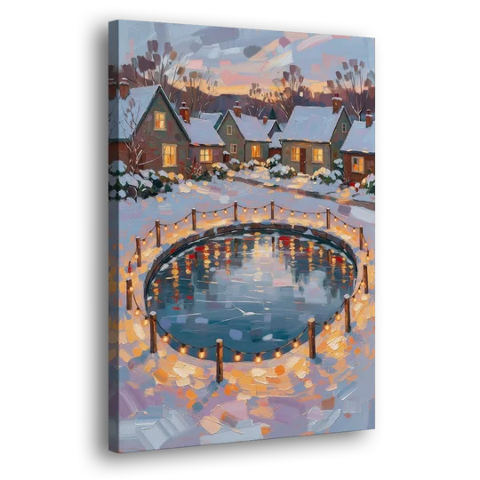 Frozen Pond Ringed with String Lights - Canvas Wall Art - Side