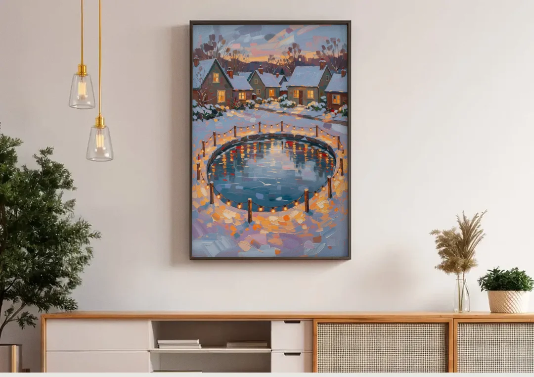 Frozen Pond Ringed with String Lights canvas wall art above a wooden sideboard under pendant lights