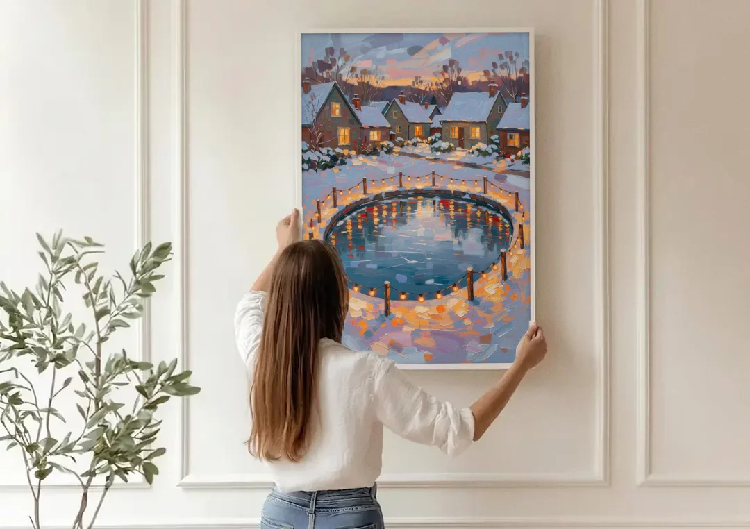 Frozen Pond Ringed with String Lights canvas wall art being hung on a paneled wall