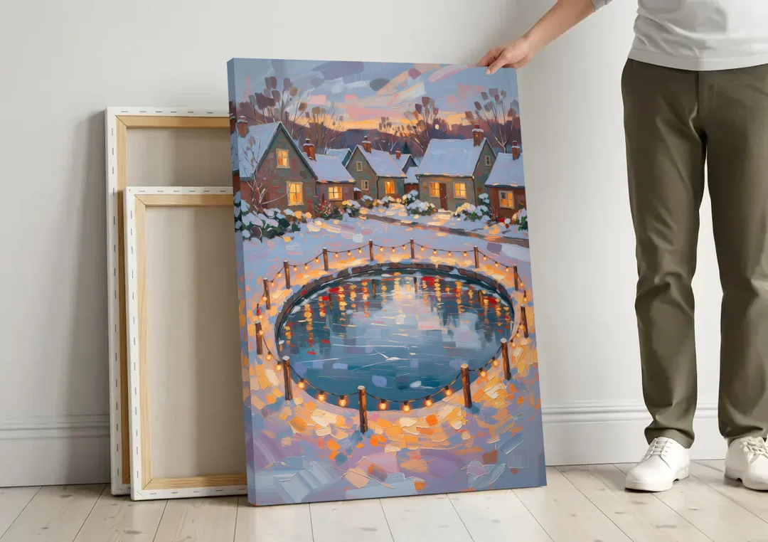 Frozen Pond Ringed with String Lights canvas wall art leaning against a wall next to blank canvases