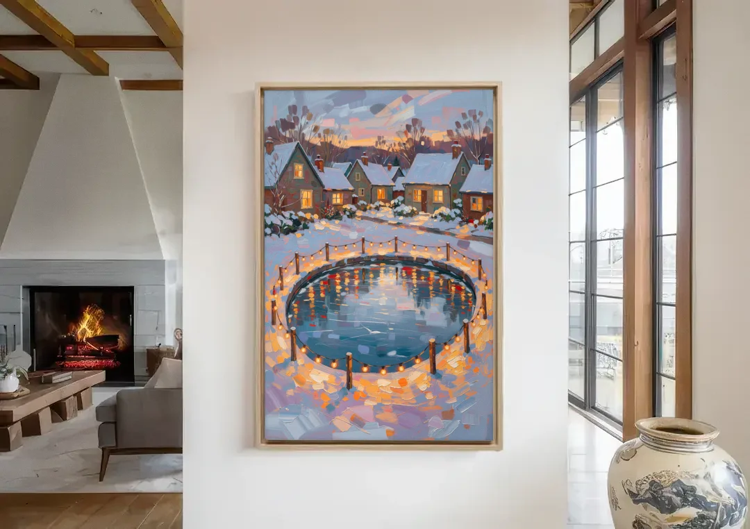 Frozen Pond Ringed with String Lights canvas wall art in a living room with a fireplace