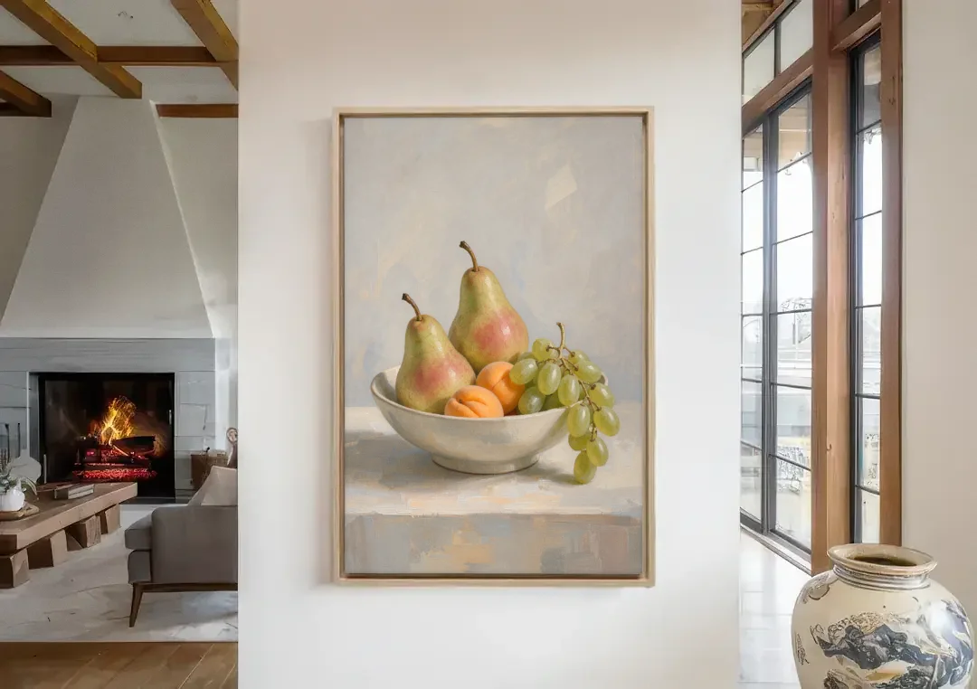 Fruit Bowl Still Life Painting With Pears and Grapes canvas wall art in a living room with a fireplace