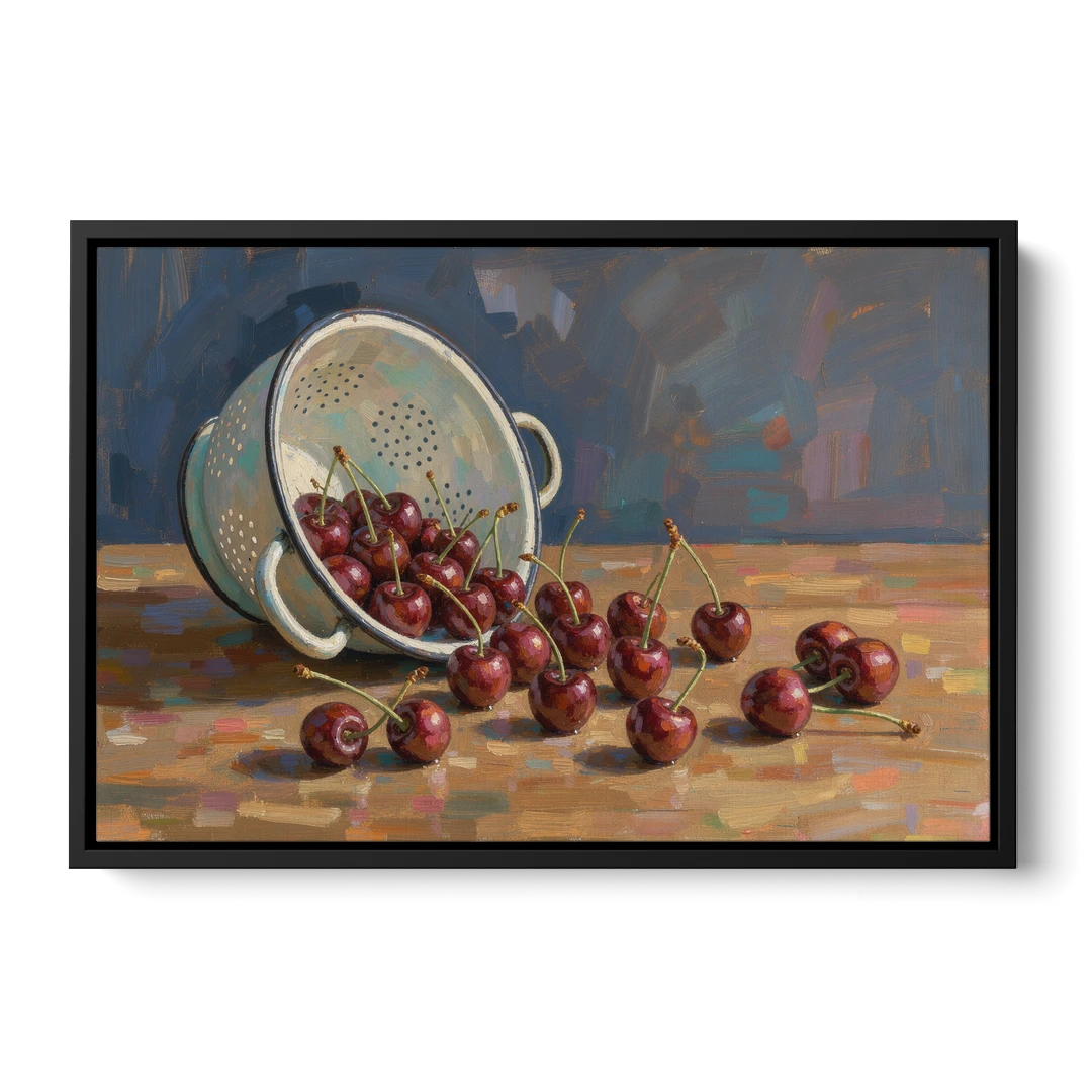 Fruit Still Life Painting with Spilled Cherries - Black Framed Canvas Wall Art - Front