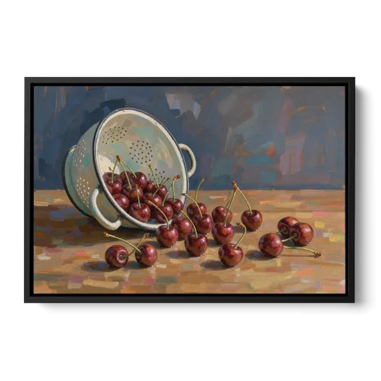Fruit Still Life Painting with Spilled Cherries - Black Framed Canvas Wall Art - Front