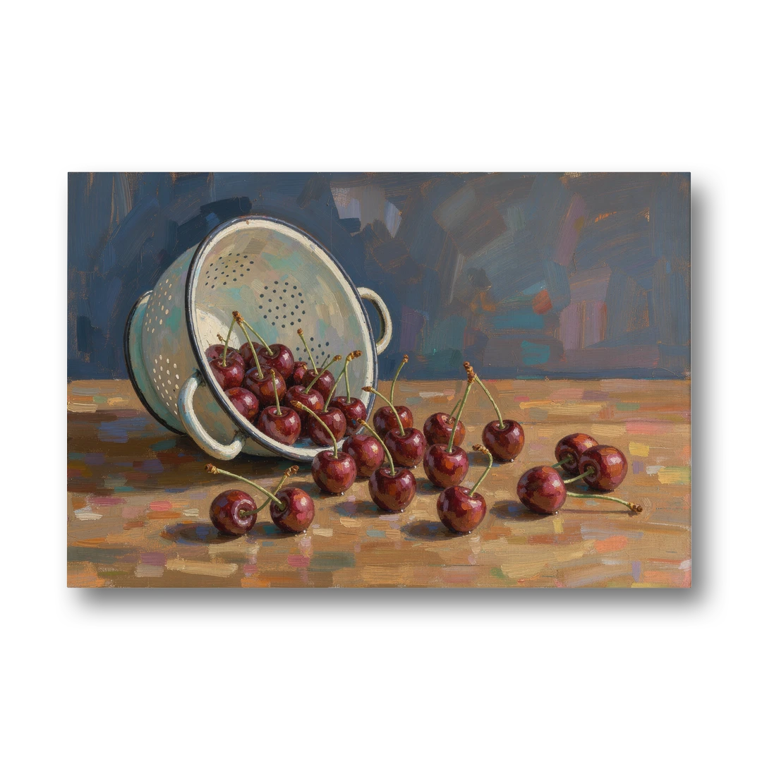 Fruit Still Life Painting with Spilled Cherries - Canvas Wall Art - Front