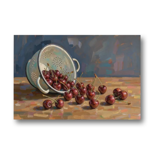 Fruit Still Life Painting with Spilled Cherries - Canvas Wall Art - Front