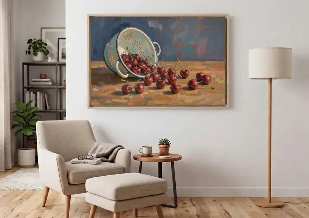 Fruit Still Life Painting with Spilled Cherries canvas wall art above an armchair in a bright living room
