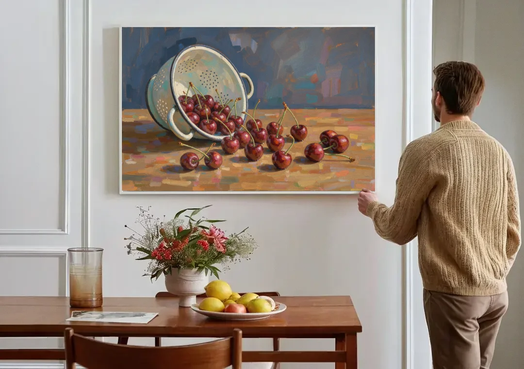 Fruit Still Life Painting with Spilled Cherries canvas wall art above a dining table