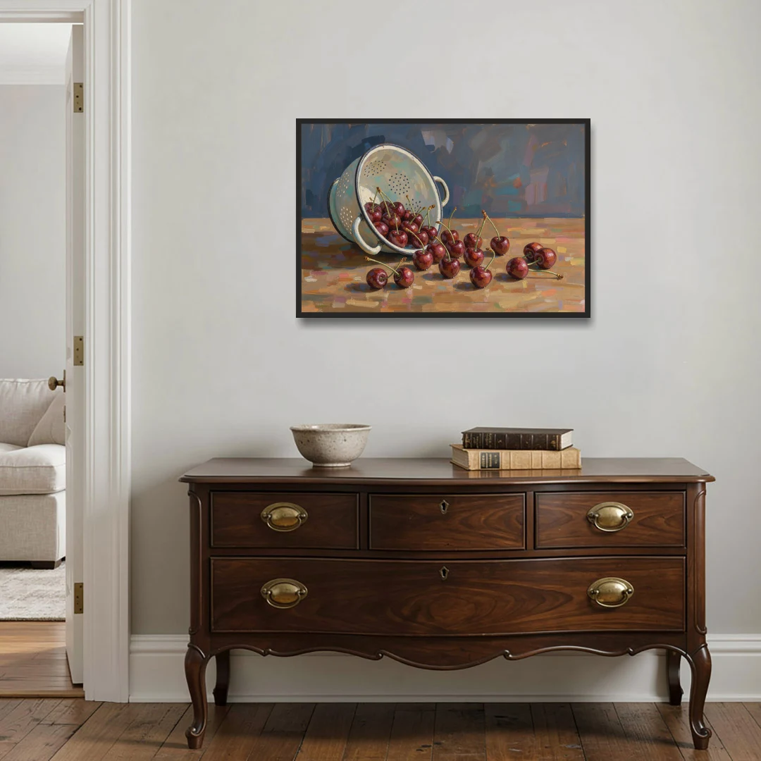 Fruit Still Life Painting with Spilled Cherries - Black Framed Canvas Wall Art - Coffee Table - 36x24