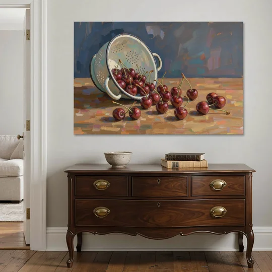 Fruit Still Life Painting with Spilled Cherries - Canvas Wall Art - Coffee Table - 60x40