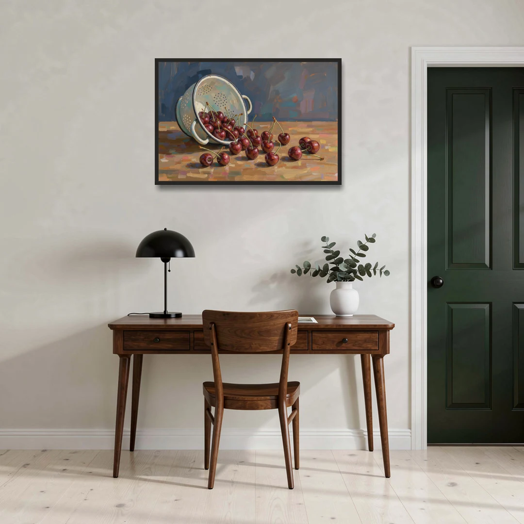 Fruit Still Life Painting with Spilled Cherries - Black Framed Canvas Wall Art - Office - 36x24