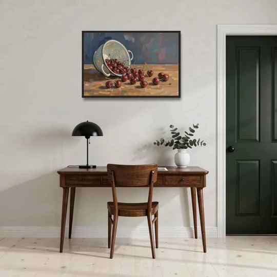 Fruit Still Life Painting with Spilled Cherries - Black Framed Canvas Wall Art - Office - 36x24