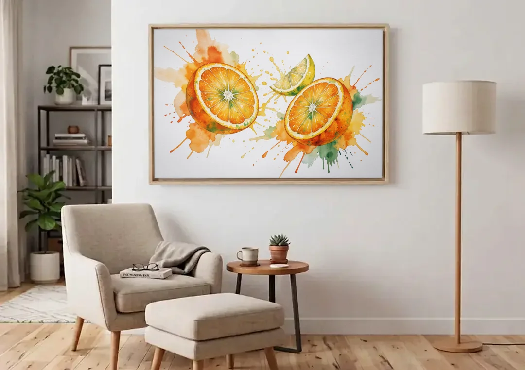 Fruit Wall Decor with Flying Orange Halves canvas wall art above an armchair in a bright living room