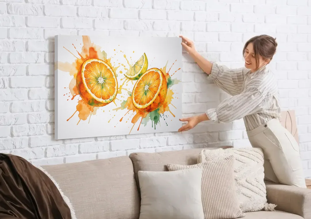 Fruit Wall Decor with Flying Orange Halves canvas wall art being hung on a white brick wall above a sofa