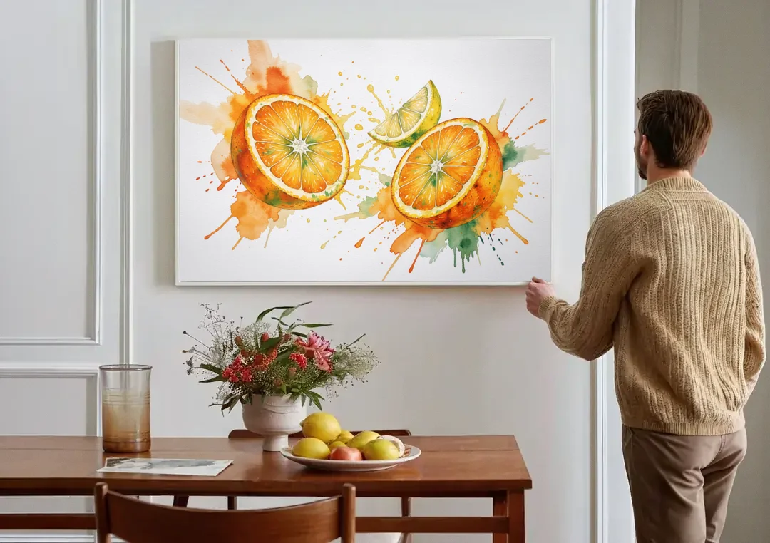 Fruit Wall Decor with Flying Orange Halves canvas wall art above a dining table