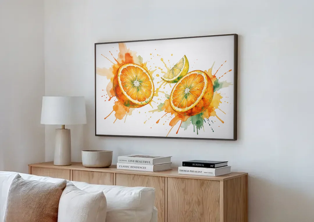 Fruit Wall Decor with Flying Orange Halves canvas wall art above a wooden sideboard next to a sofa