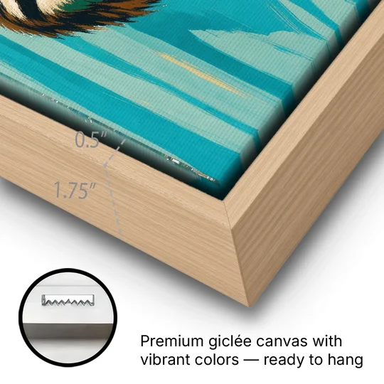 Fun Bathroom Wall Art with a Hanging Sloth - Oak Framed Canvas Wall Art - Gallery Wrap Corner