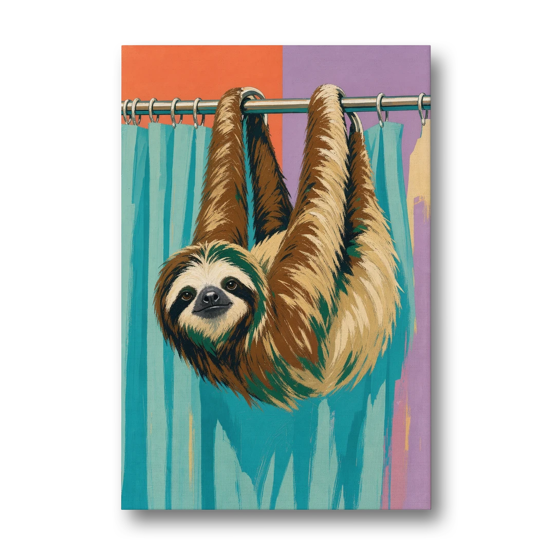 Fun Bathroom Wall Art with a Hanging Sloth - Canvas Wall Art - Front