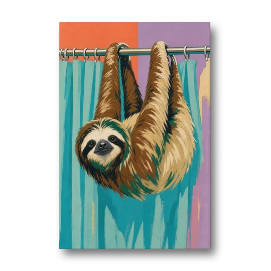 Fun Bathroom Wall Art with a Hanging Sloth - Canvas Wall Art - Front