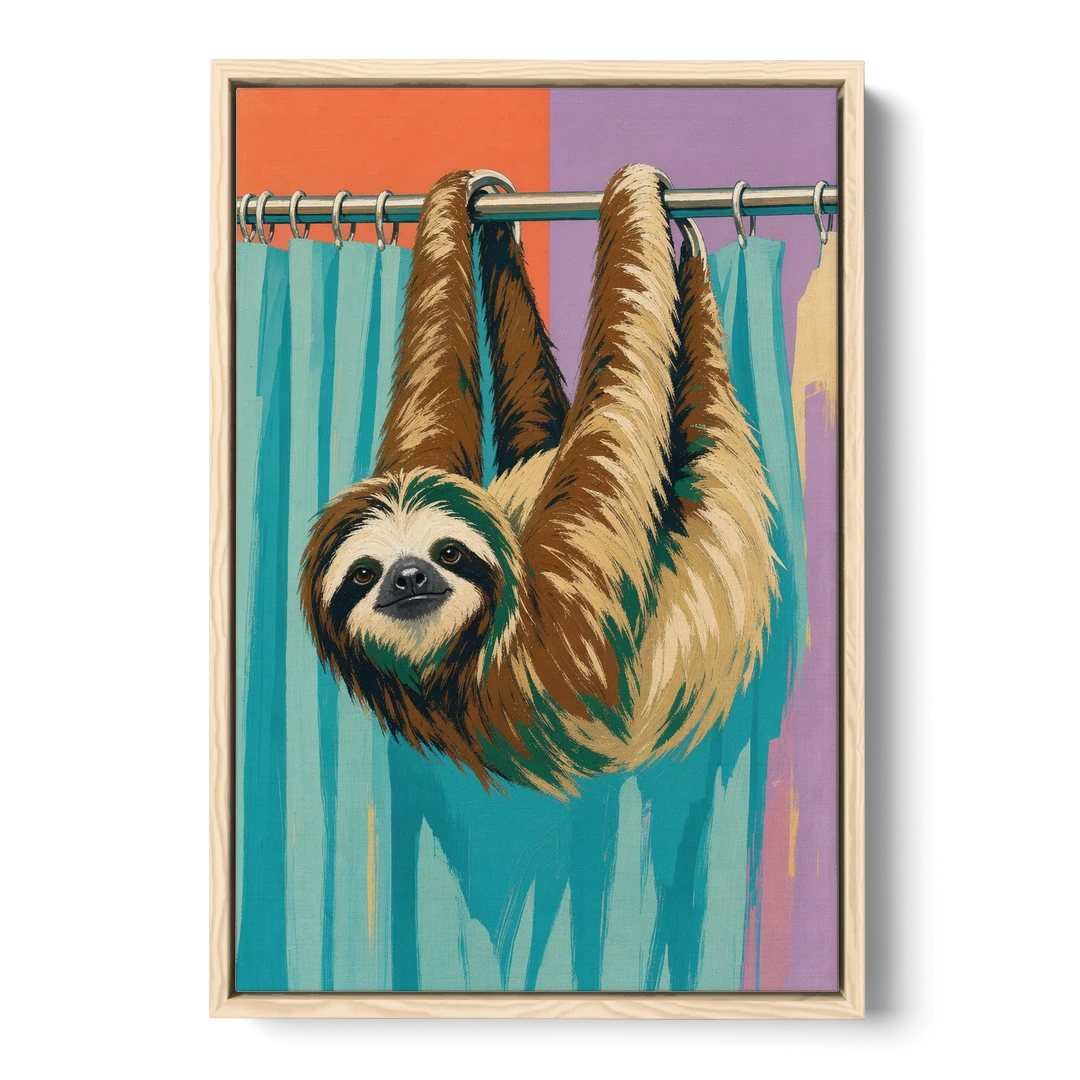 Fun Bathroom Wall Art with a Hanging Sloth - Oak Framed Canvas Wall Art - Front