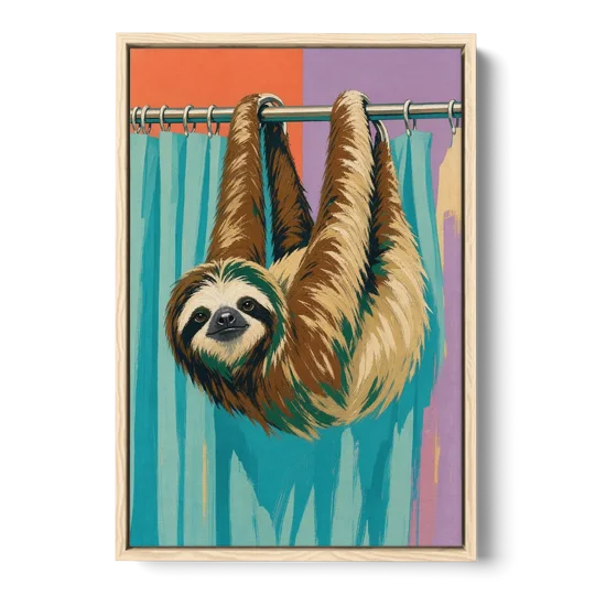 Fun Bathroom Wall Art with a Hanging Sloth - Oak Framed Canvas Wall Art - Front