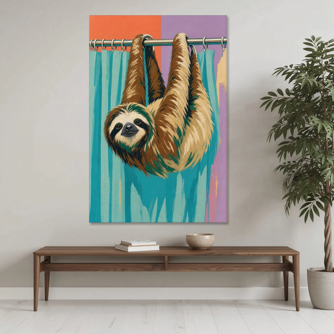 Fun Bathroom Wall Art with a Hanging Sloth - Canvas Wall Art - Coffee Table - 40x60