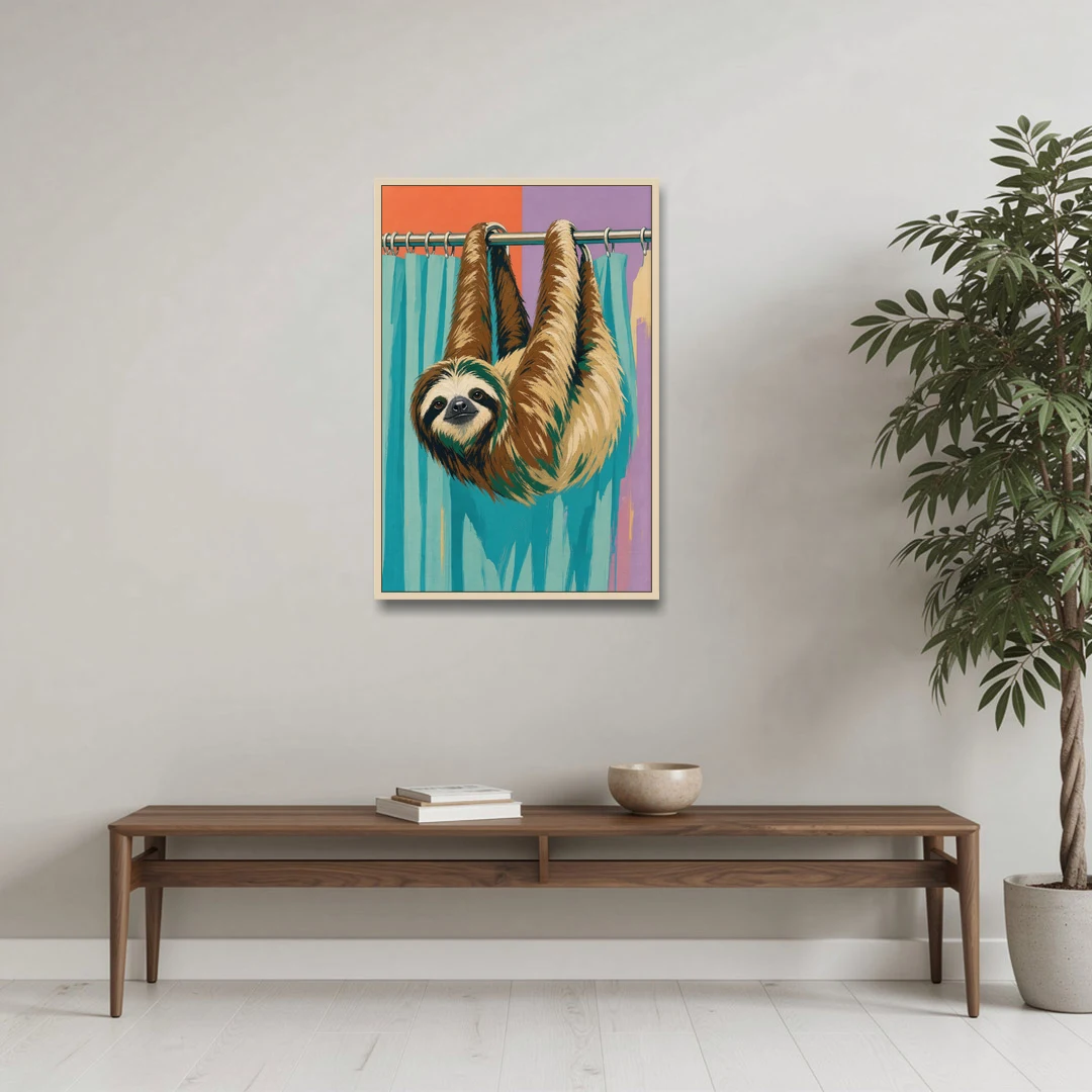 Fun Bathroom Wall Art with a Hanging Sloth - Oak Framed Canvas Wall Art - Coffee Table - 24x36