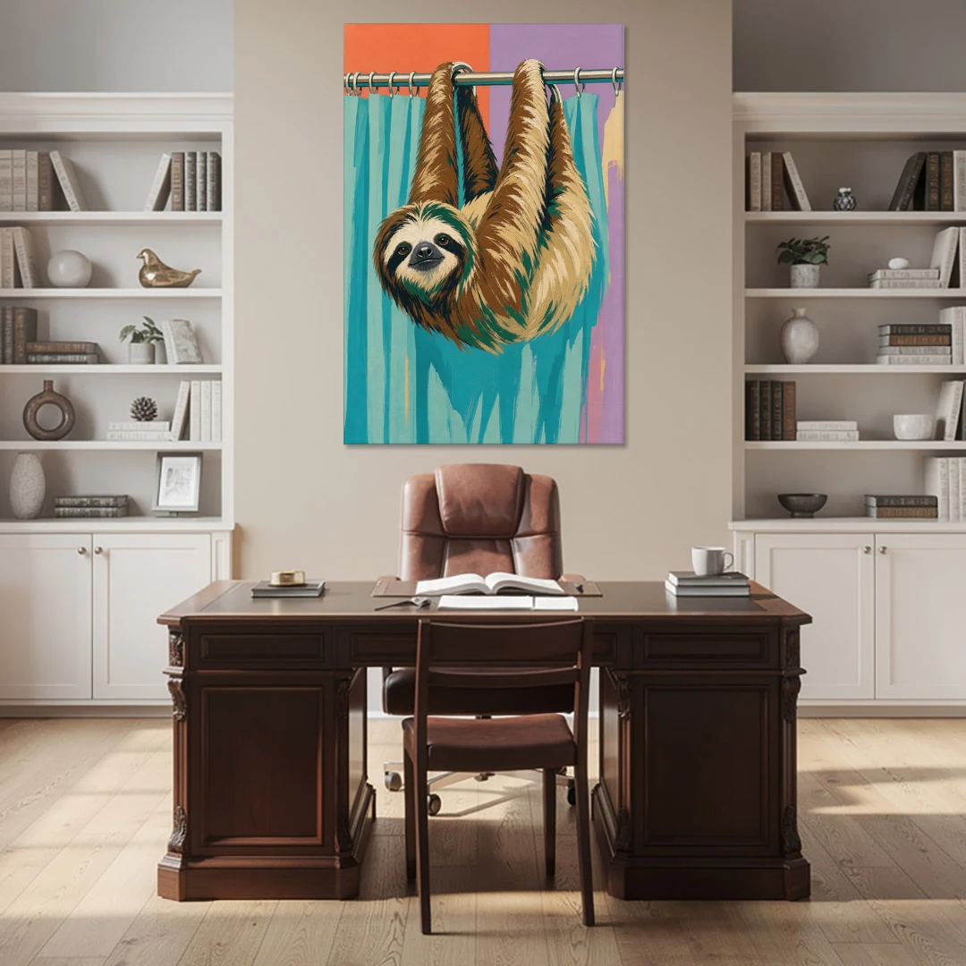 Fun Bathroom Wall Art with a Hanging Sloth - Canvas Wall Art - Office - 40x60