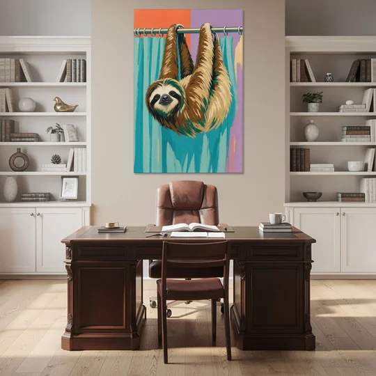 Fun Bathroom Wall Art with a Hanging Sloth - Canvas Wall Art - Office - 40x60