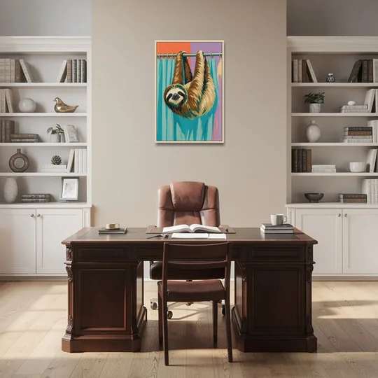 Fun Bathroom Wall Art with a Hanging Sloth - Oak Framed Canvas Wall Art - Office - 24x36