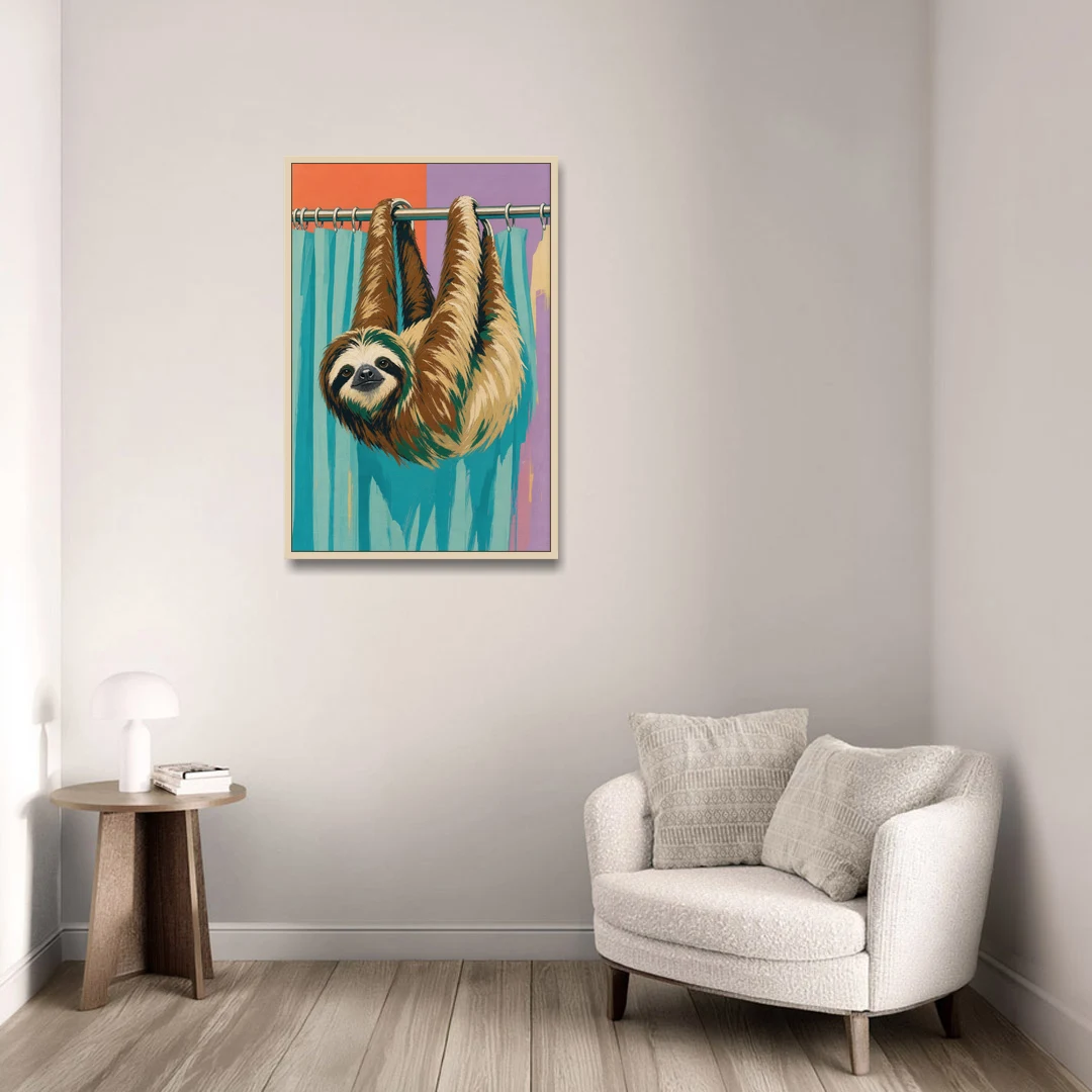 Fun Bathroom Wall Art with a Hanging Sloth - Oak Framed Canvas Wall Art - Sofa - 24x36