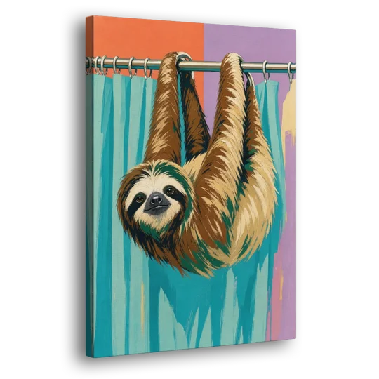 Fun Bathroom Wall Art with a Hanging Sloth - Canvas Wall Art - Side