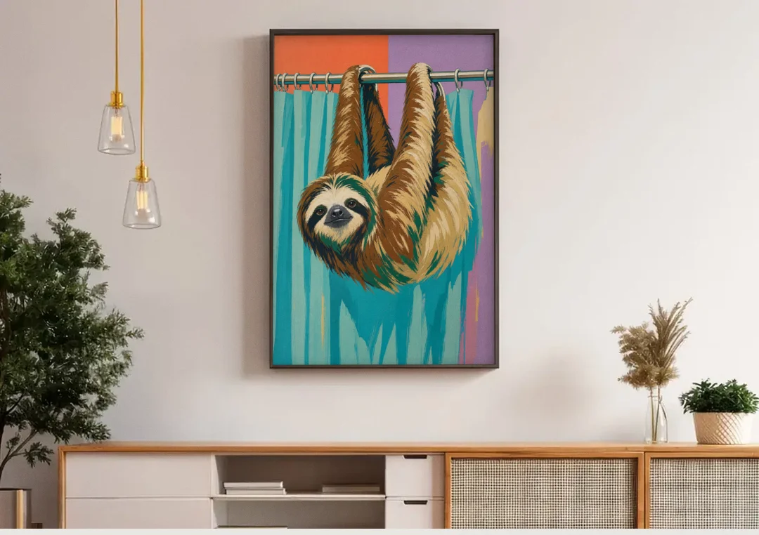 Fun Bathroom Wall Art with a Hanging Sloth canvas wall art above a wooden sideboard under pendant lights