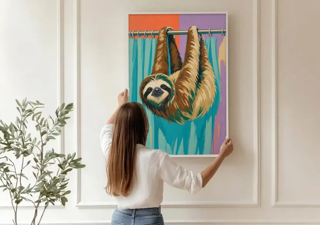 Fun Bathroom Wall Art with a Hanging Sloth canvas wall art being hung on a paneled wall