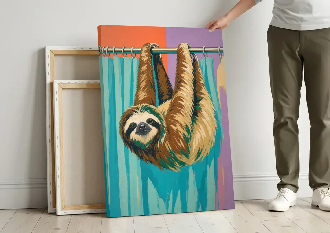 Fun Bathroom Wall Art with a Hanging Sloth canvas wall art leaning against a wall next to blank canvases