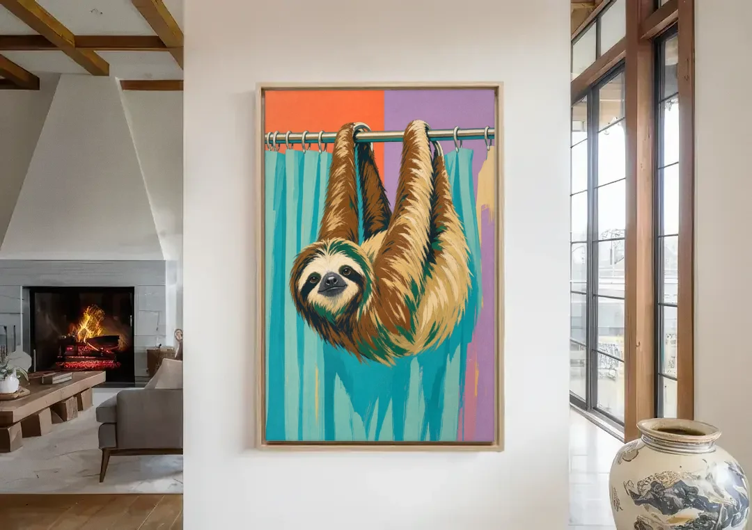 Fun Bathroom Wall Art with a Hanging Sloth canvas wall art in a living room with a fireplace