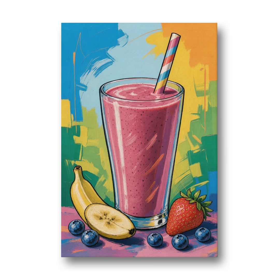 Fun Kitchen Art Berry Smoothie with Striped Straw - Canvas Wall Art - Front