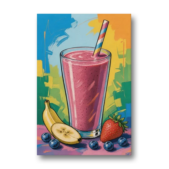 Fun Kitchen Art Berry Smoothie with Striped Straw - Canvas Wall Art - Front