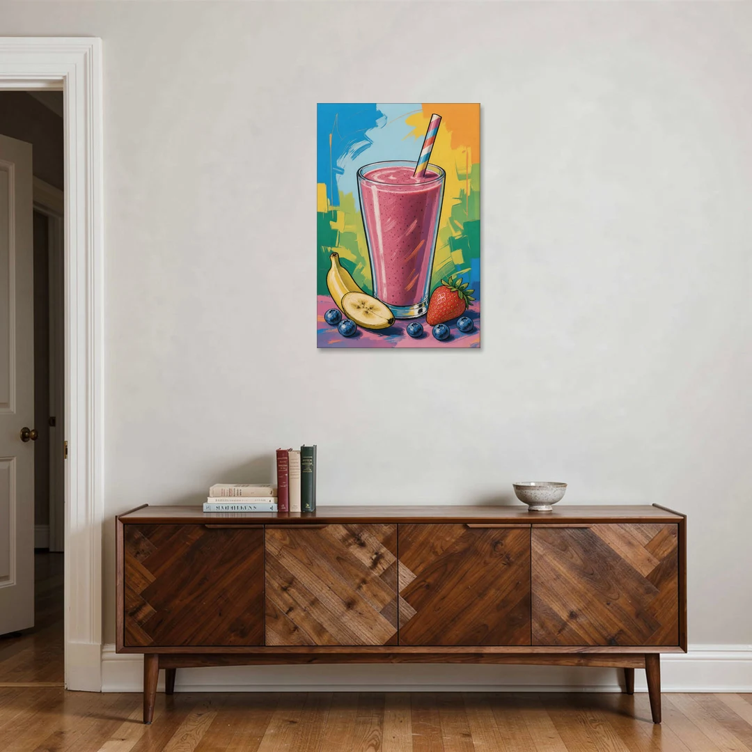 Fun Kitchen Art Berry Smoothie with Striped Straw - Canvas Wall Art - Coffee Table - 24x36