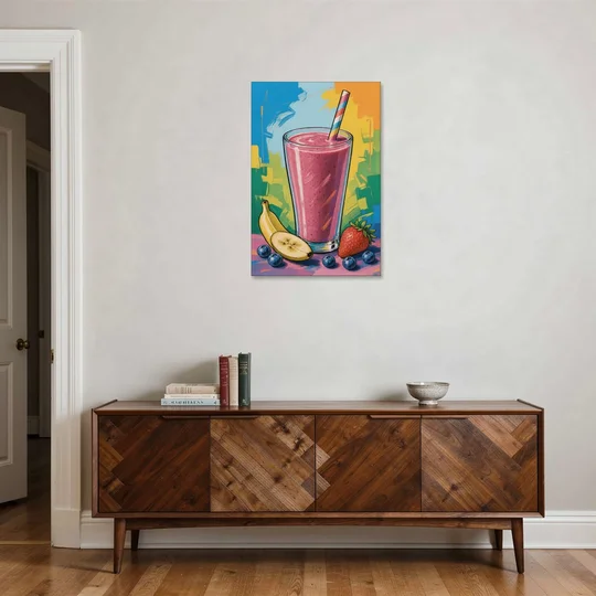 Fun Kitchen Art Berry Smoothie with Striped Straw - Canvas Wall Art - Coffee Table - 24x36