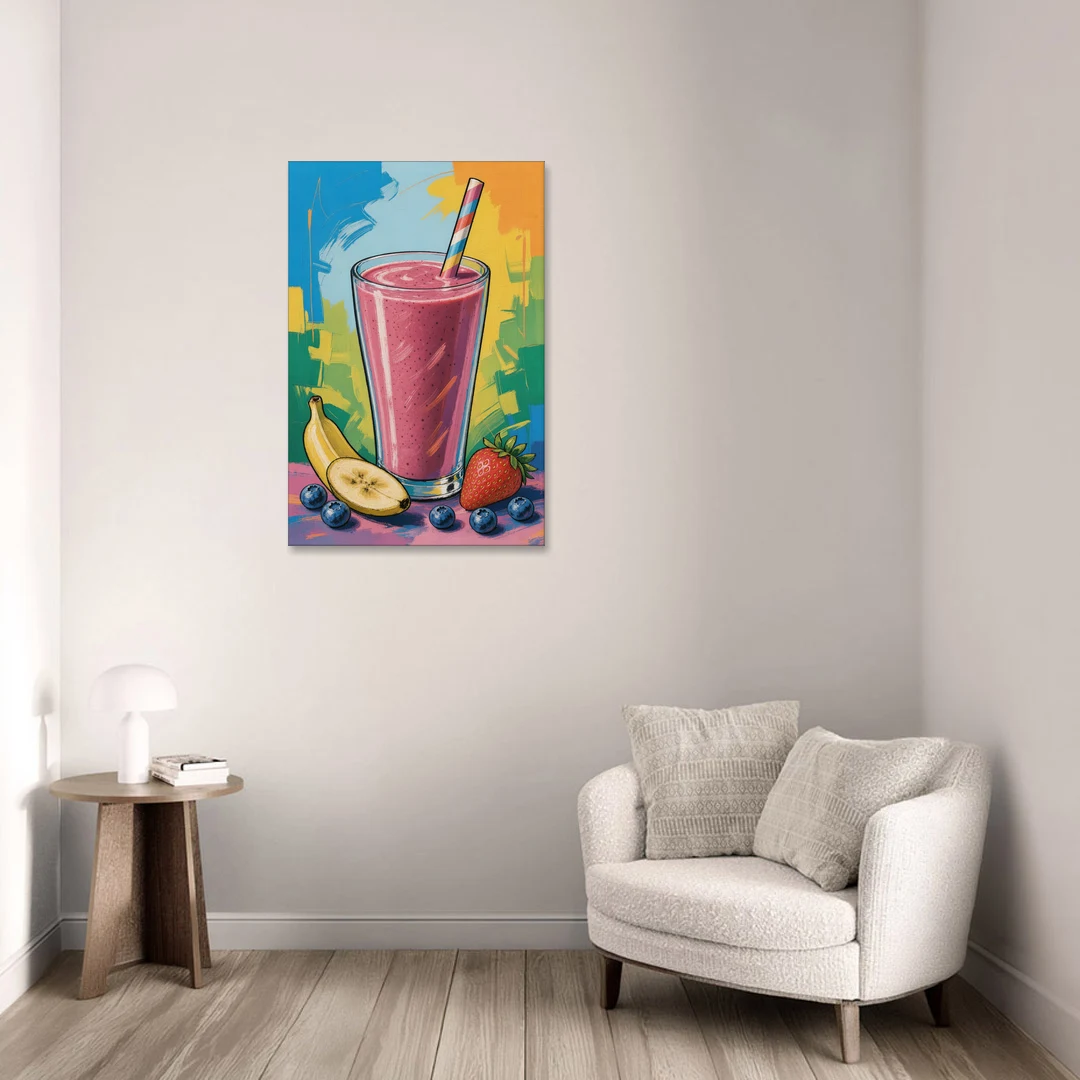 Fun Kitchen Art Berry Smoothie with Striped Straw - Canvas Wall Art - Sofa - 24x36