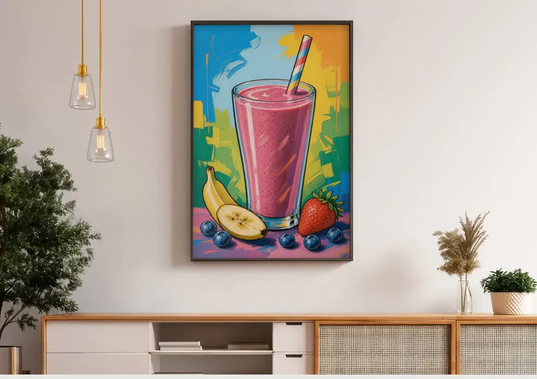 Fun Kitchen Art Berry Smoothie with Striped Straw canvas wall art above a wooden sideboard under pendant lights