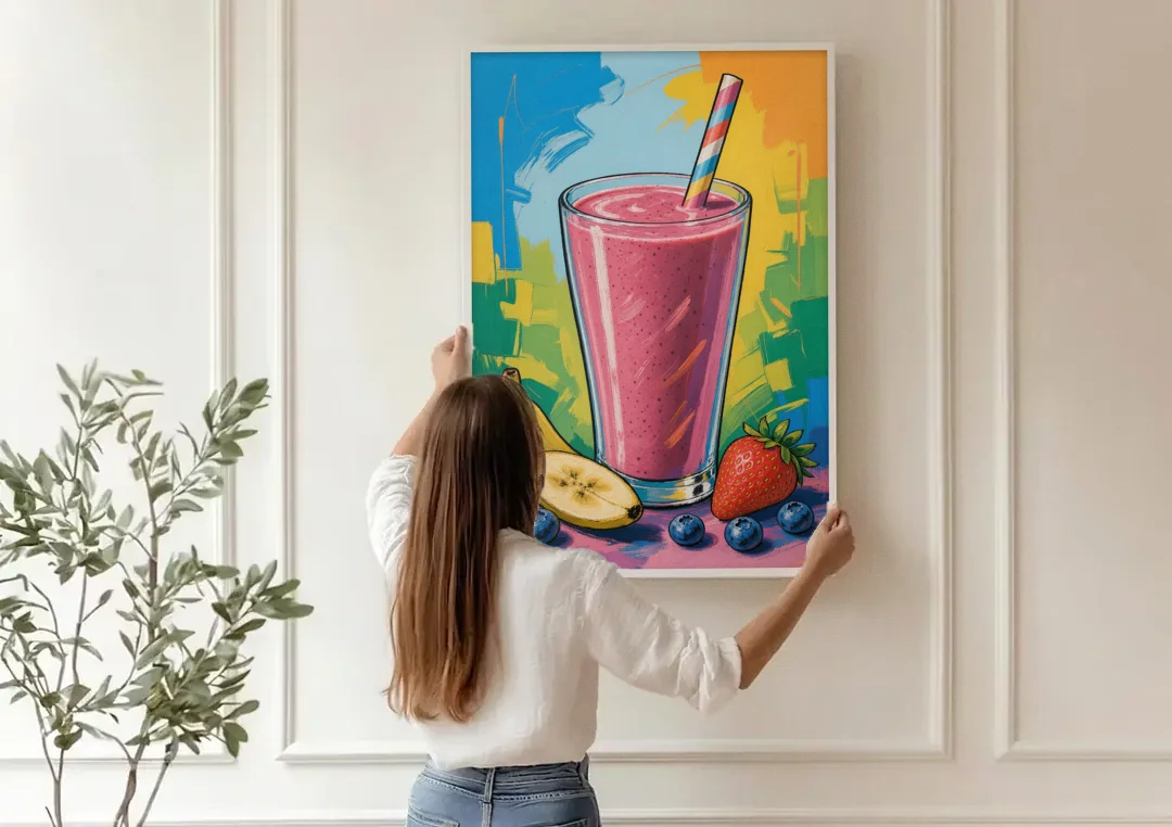 Fun Kitchen Art Berry Smoothie with Striped Straw canvas wall art being hung on a paneled wall