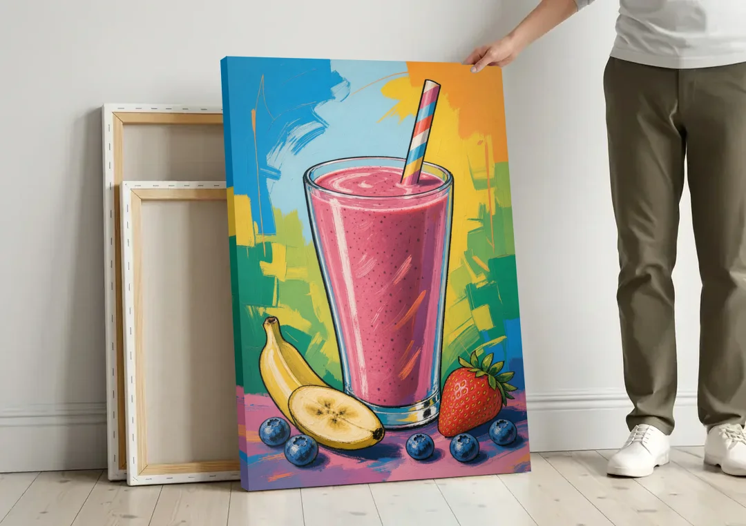 Fun Kitchen Art Berry Smoothie with Striped Straw canvas wall art leaning against a wall next to blank canvases