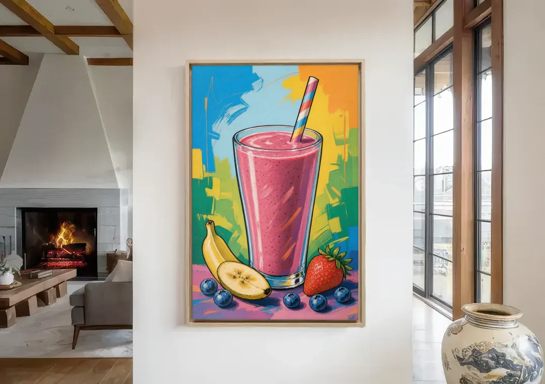 Fun Kitchen Art Berry Smoothie with Striped Straw canvas wall art in a living room with a fireplace