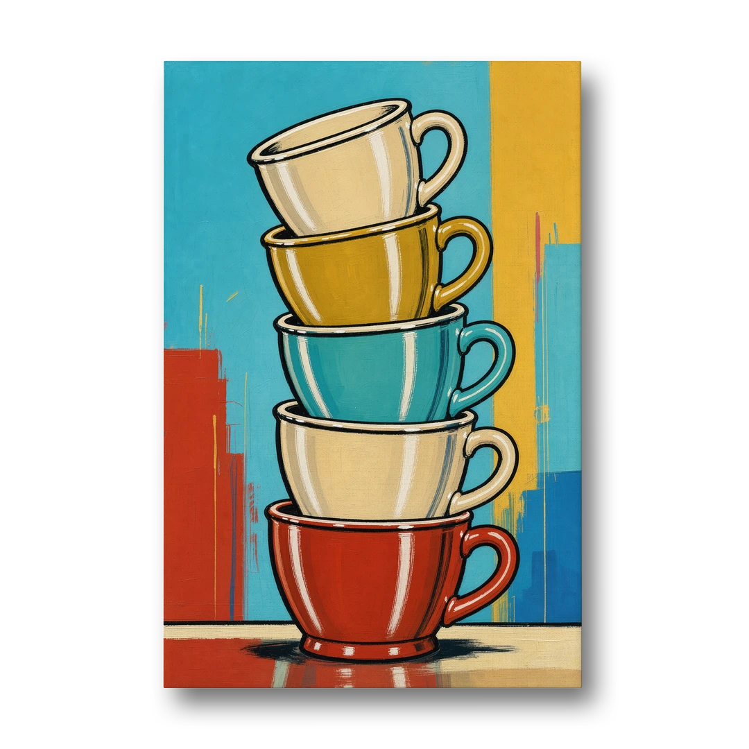 Fun Kitchen Wall Art Stacked Diner Mugs - Canvas Wall Art - Front