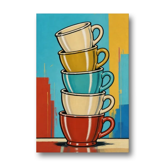 Fun Kitchen Wall Art Stacked Diner Mugs - Canvas Wall Art - Front