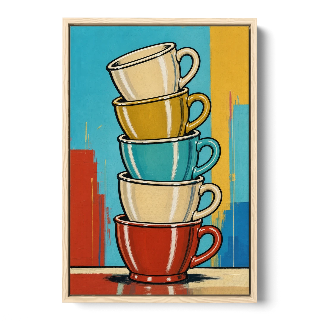 Fun Kitchen Wall Art Stacked Diner Mugs - Oak Framed Canvas Wall Art - Front