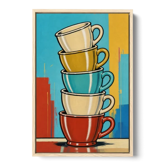 Fun Kitchen Wall Art Stacked Diner Mugs - Oak Framed Canvas Wall Art - Front