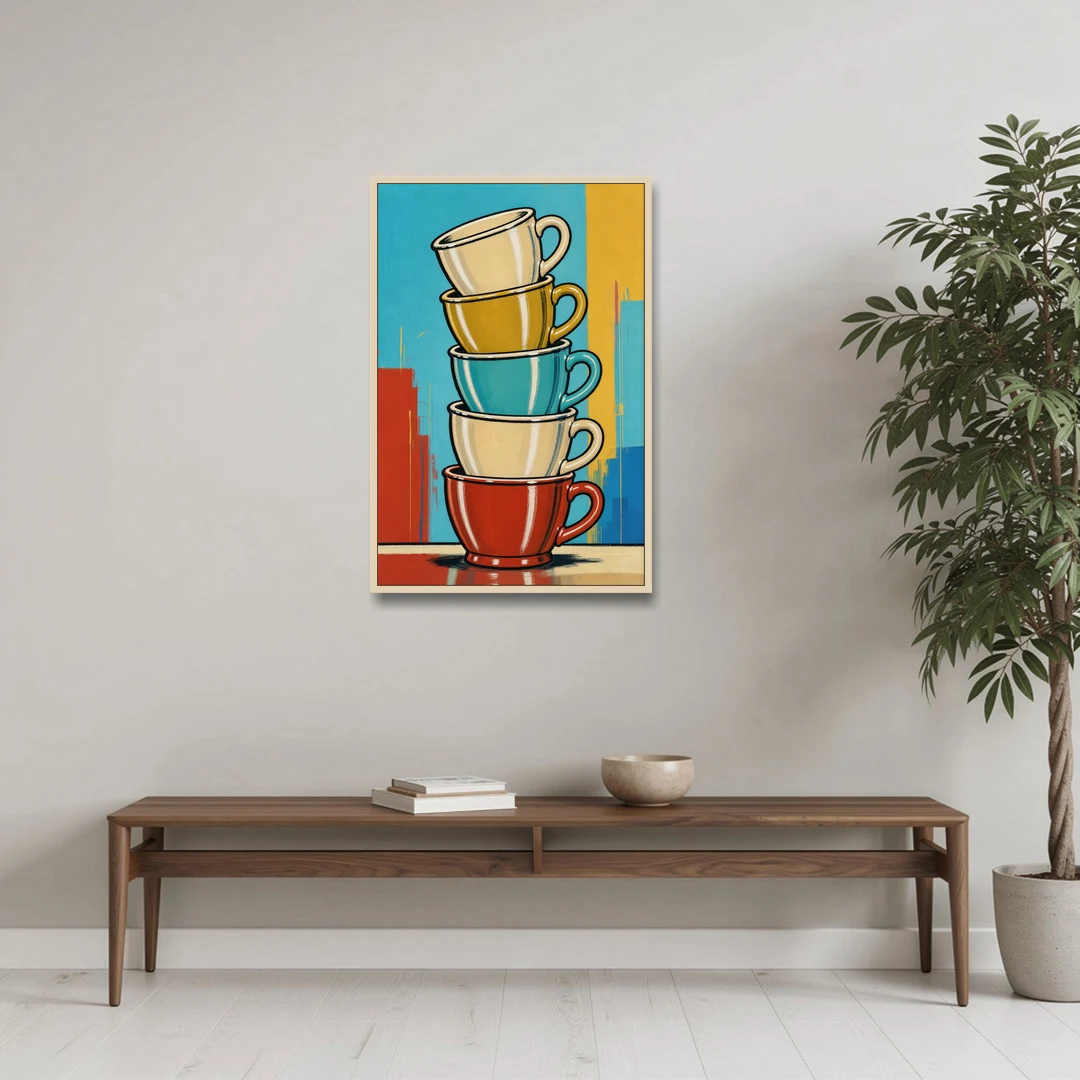 Fun Kitchen Wall Art Stacked Diner Mugs - Oak Framed Canvas Wall Art - Coffee Table - 24x36